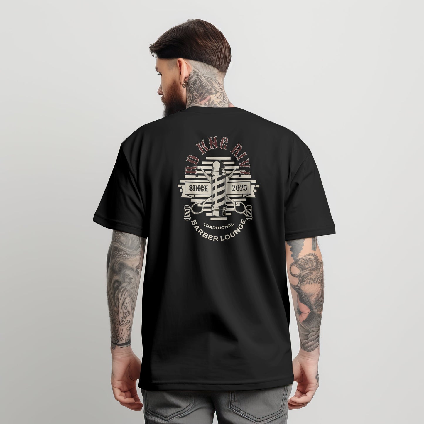 “Rd Kng Rivi Barber Lounge Tee back – bold graphic lettering for classic barber streetwear style.”