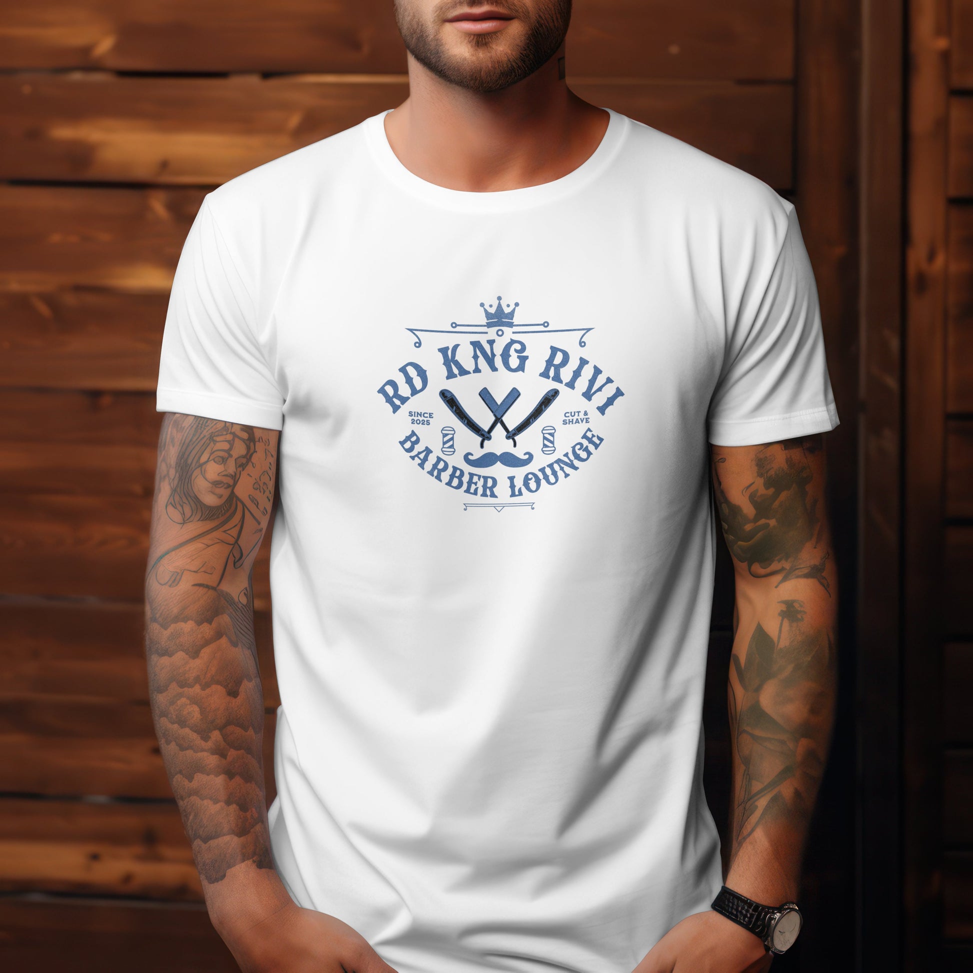 “Rd Kng Rivi white t-shirt front – blue text design, unisex streetwear style.”