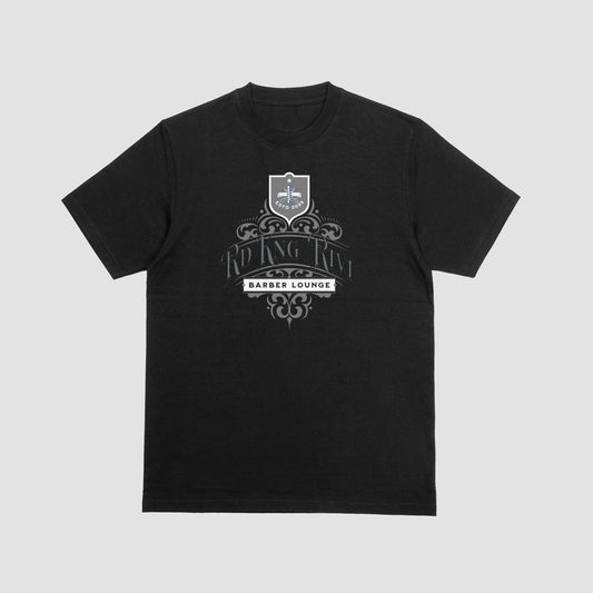 “Rd Kng Rivi black t-shirt – bold lettering design with barber lounge vibe.”