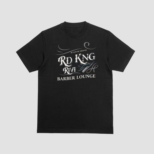 “Rd Kng Rivi black t-shirt front – unisex barber lounge streetwear design.”