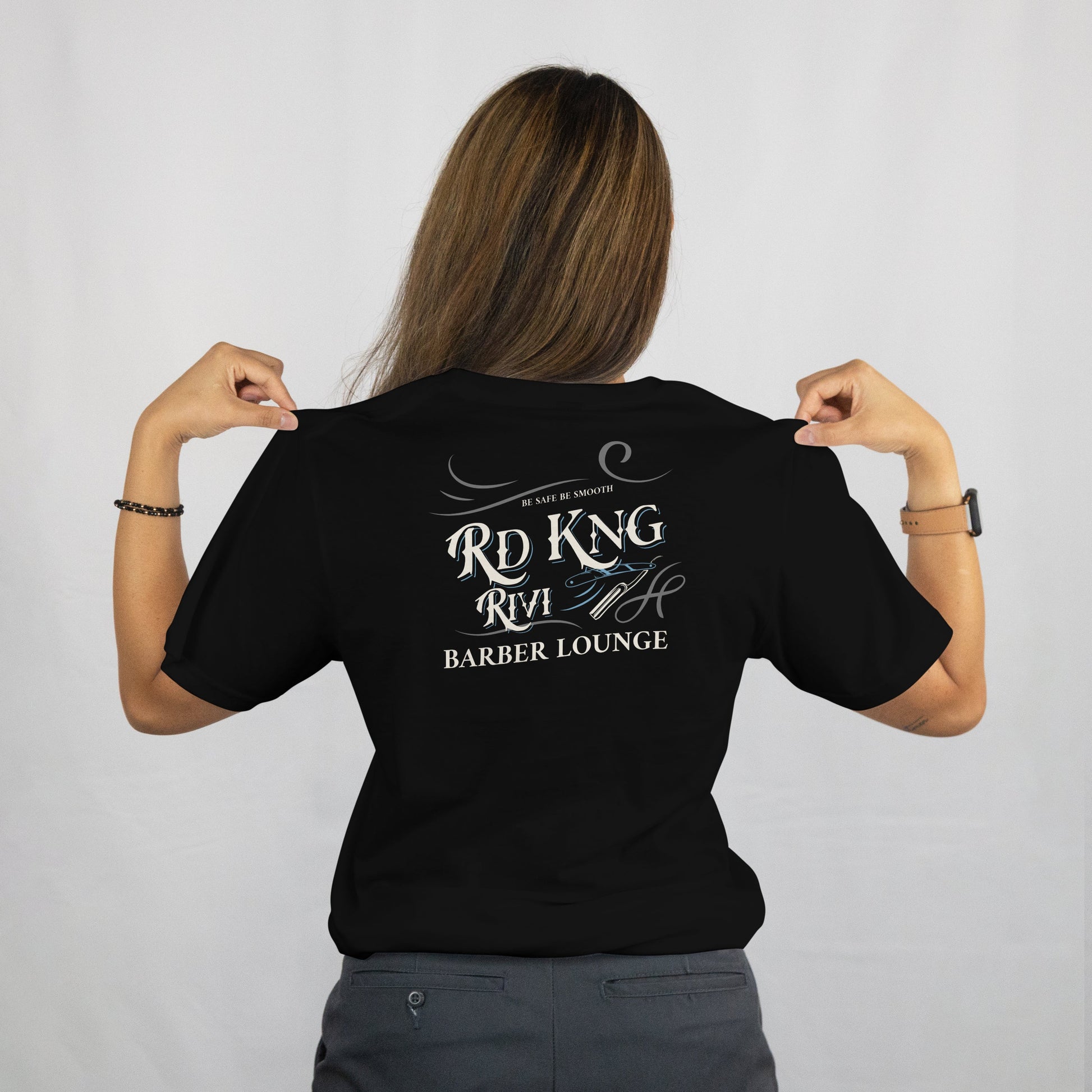 “Rd Kng Rivi black t-shirt back – bold barber lounge graphic lettering in streetwear style.”