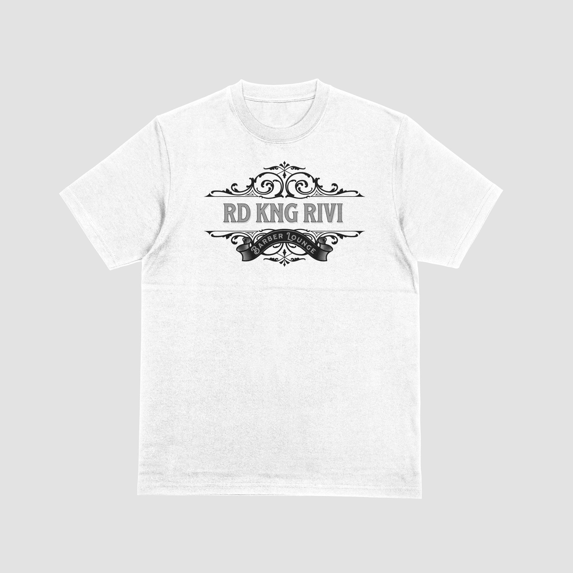 “Rd Kng Rivi white t-shirt back – clean barber lounge style graphic design.”