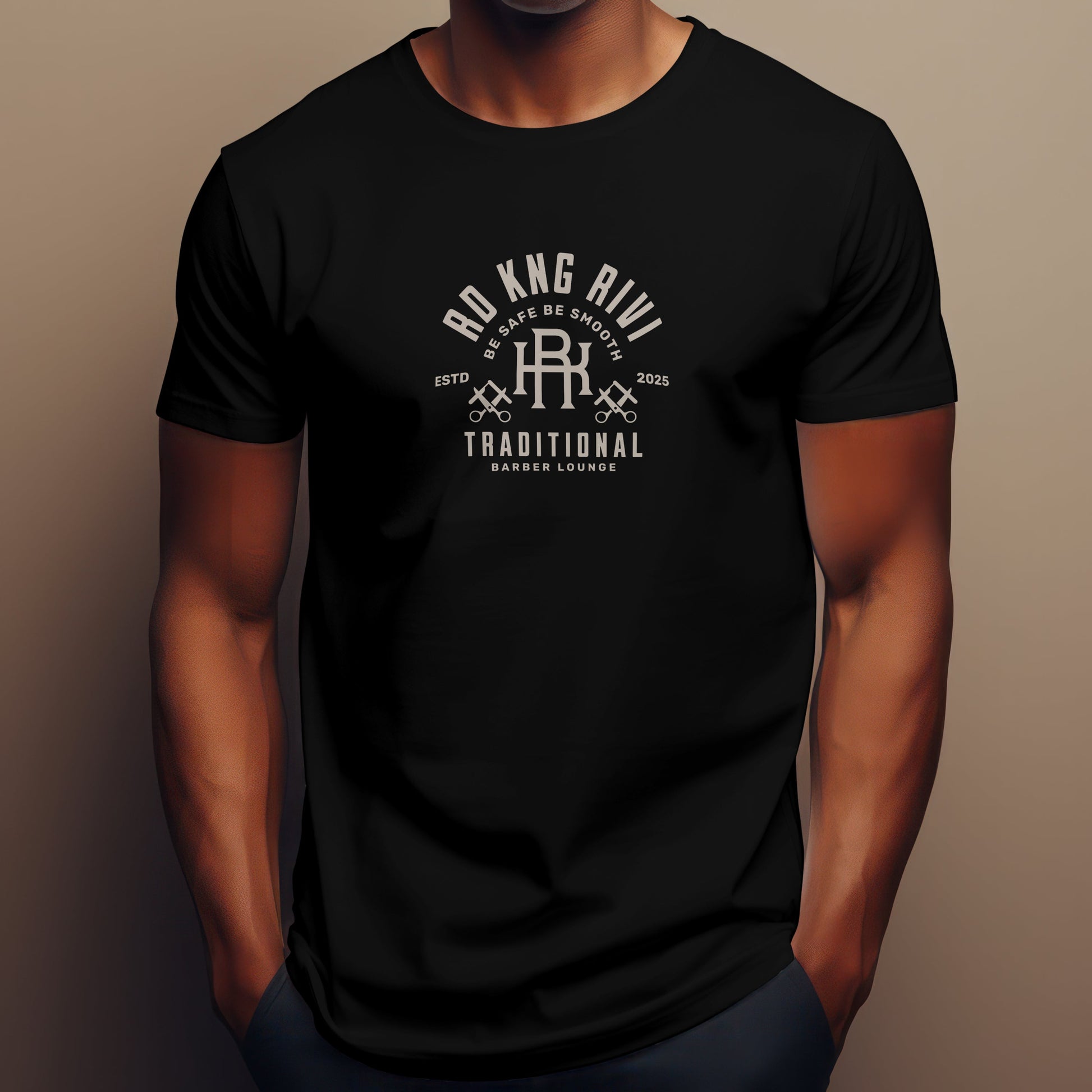 “Rd Kng Rivi black t-shirt front – unisex barber lounge streetwear design.”