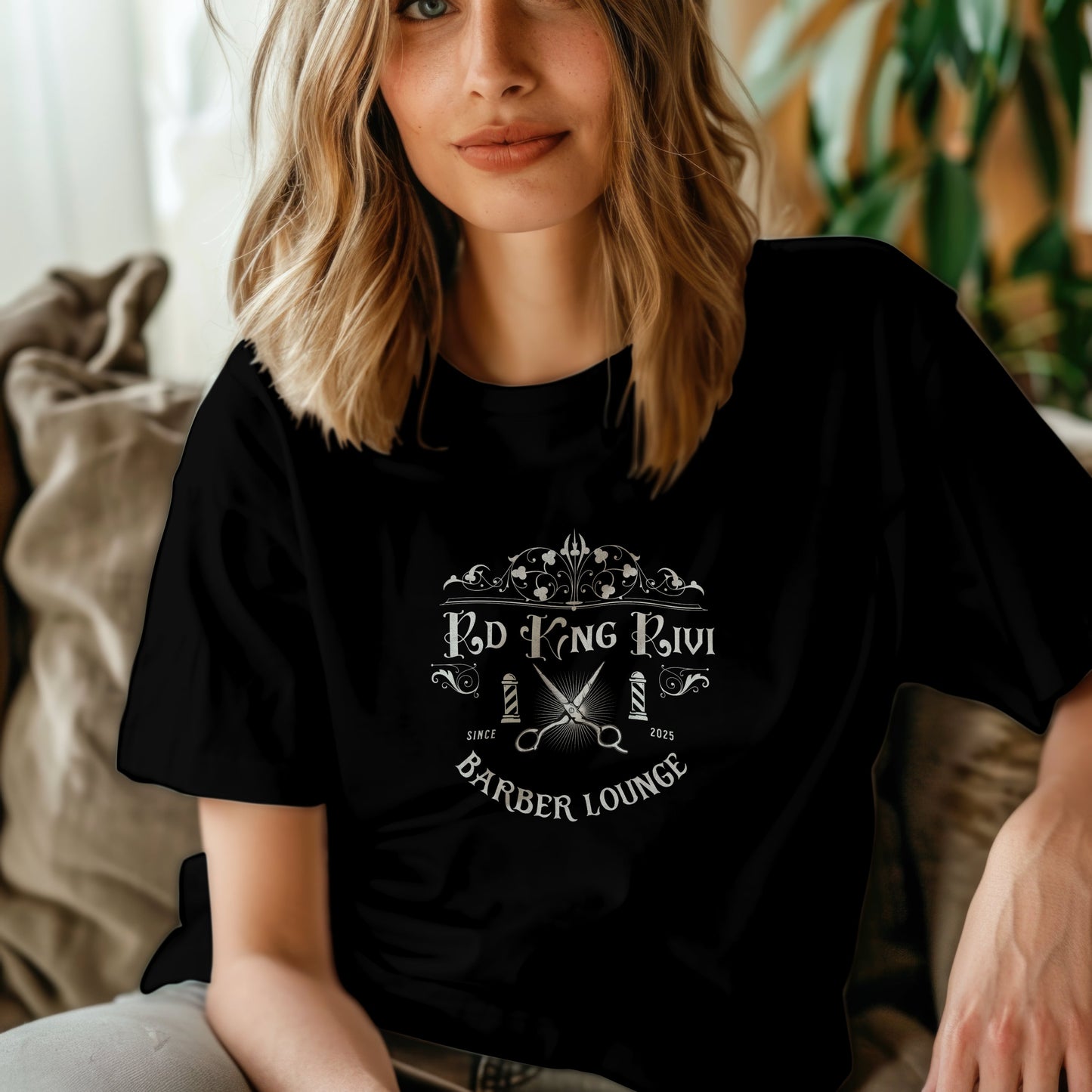 “Rd Kng Rivi black t-shirt front – unisex barber lounge streetwear design.”