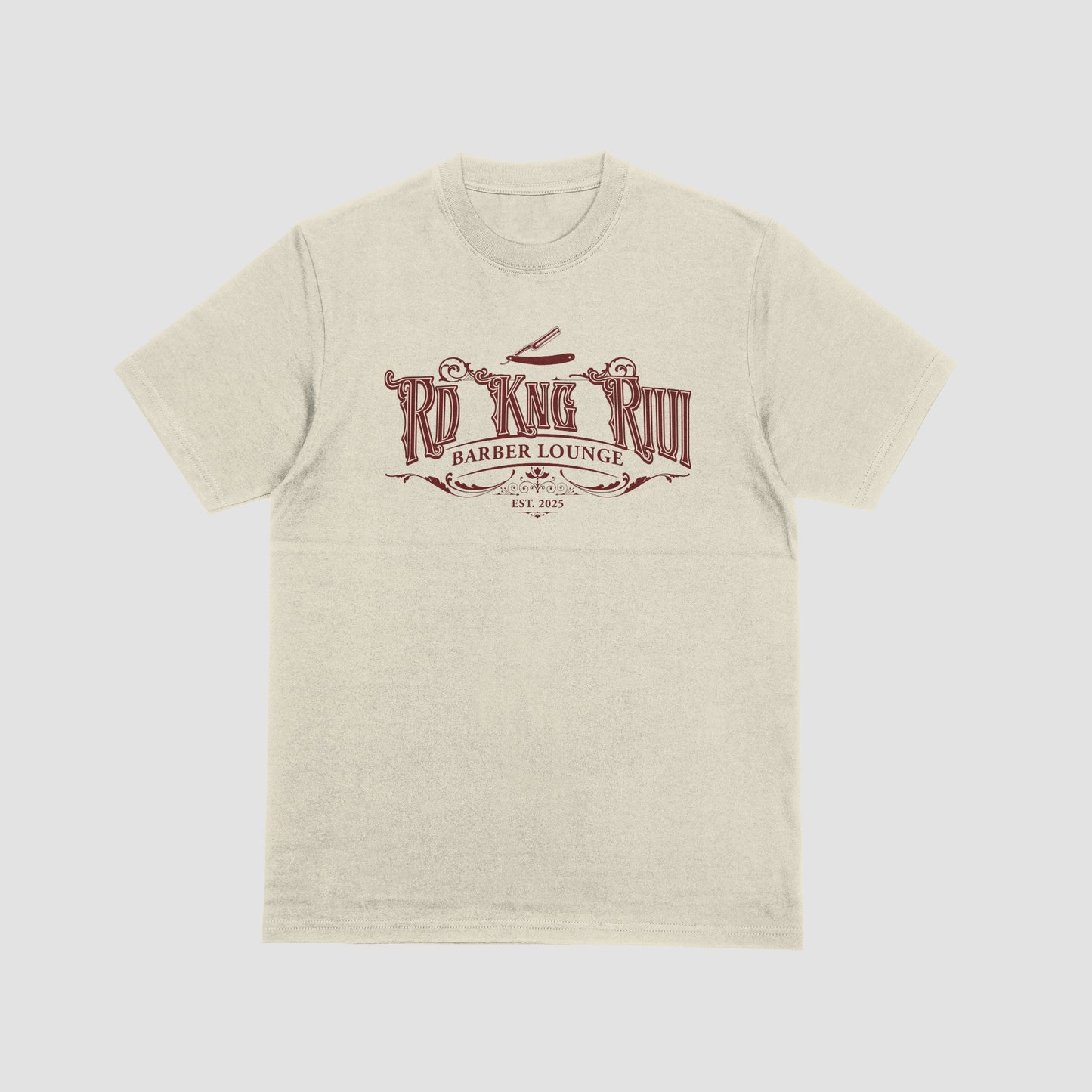 “Rd Kng Rivi cream t-shirt front – unisex car culture inspired streetwear shirt.”