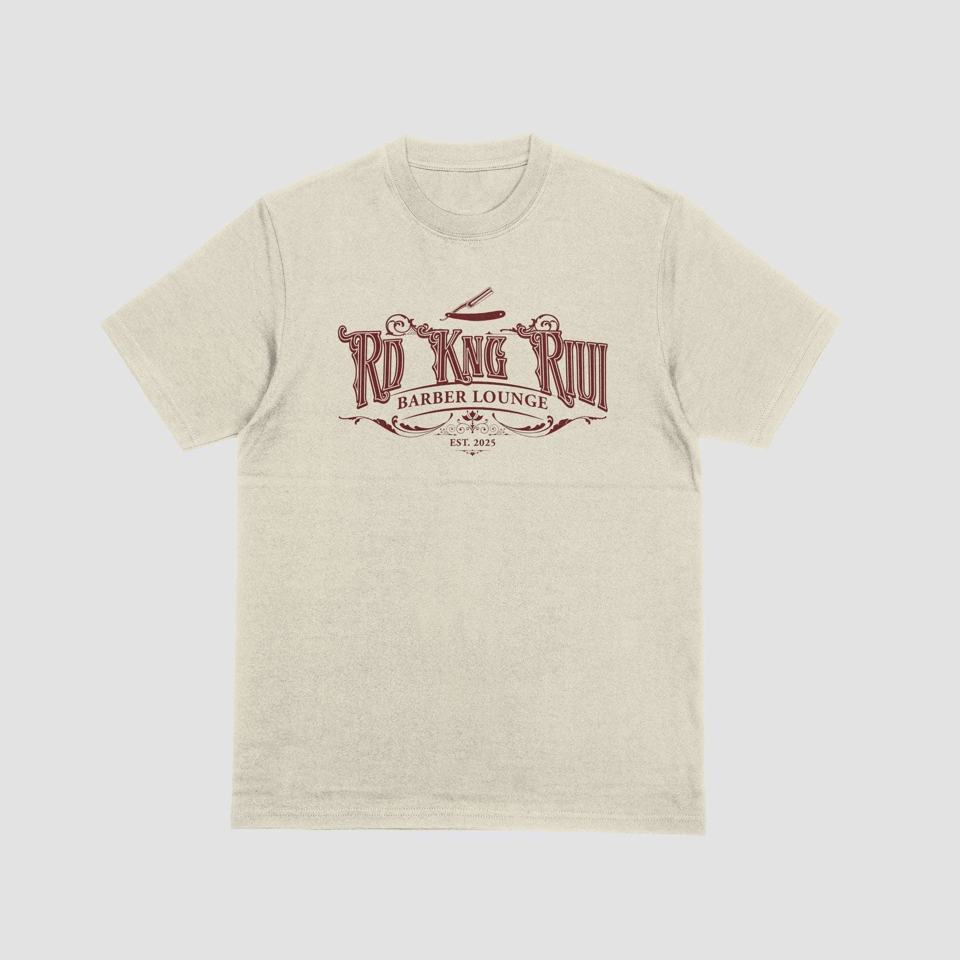 “Rd Kng Rivi cream t-shirt front – unisex car culture inspired streetwear shirt.”
