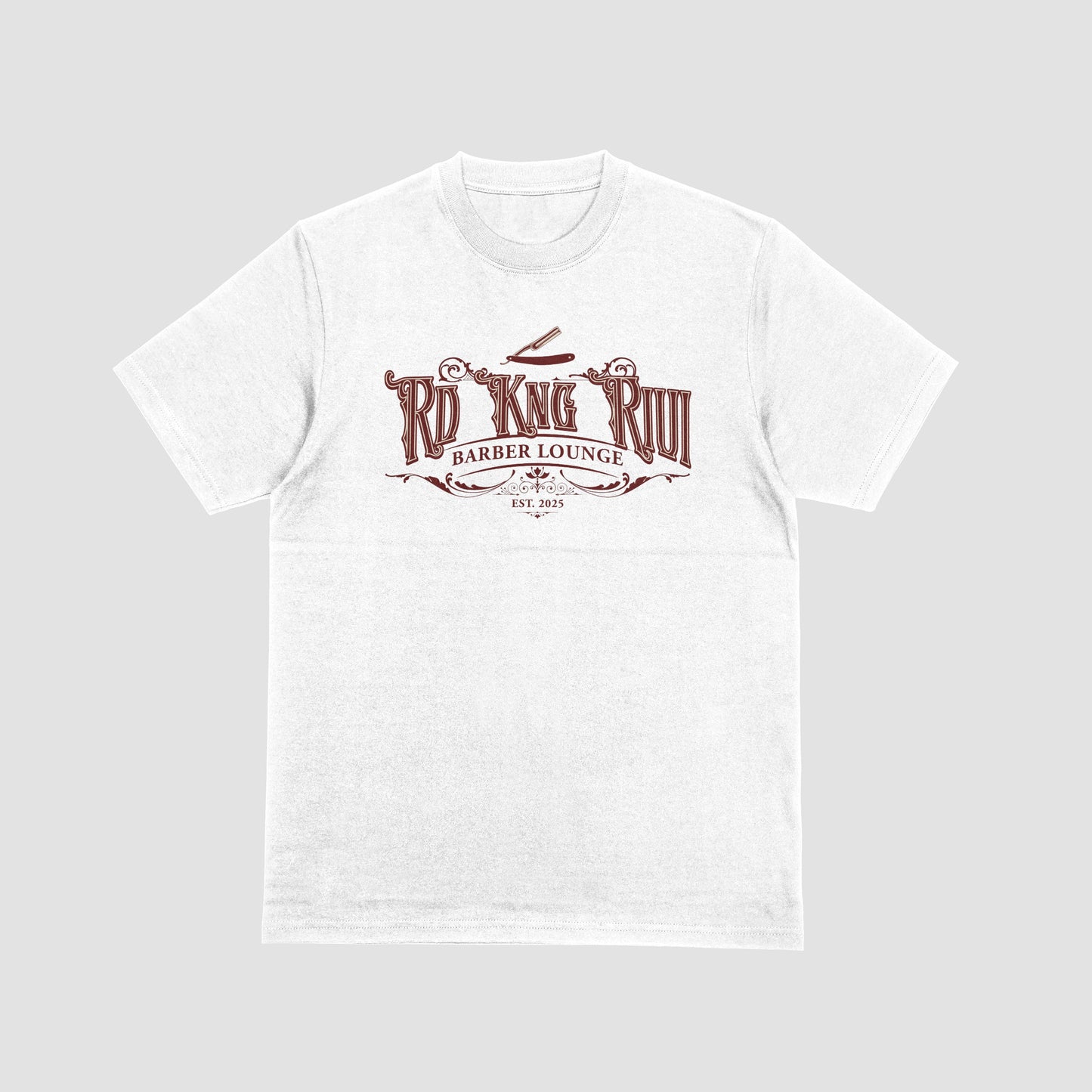 “Rd Kng Rivi white t-shirt front – unisex streetwear design with bold blue text.”