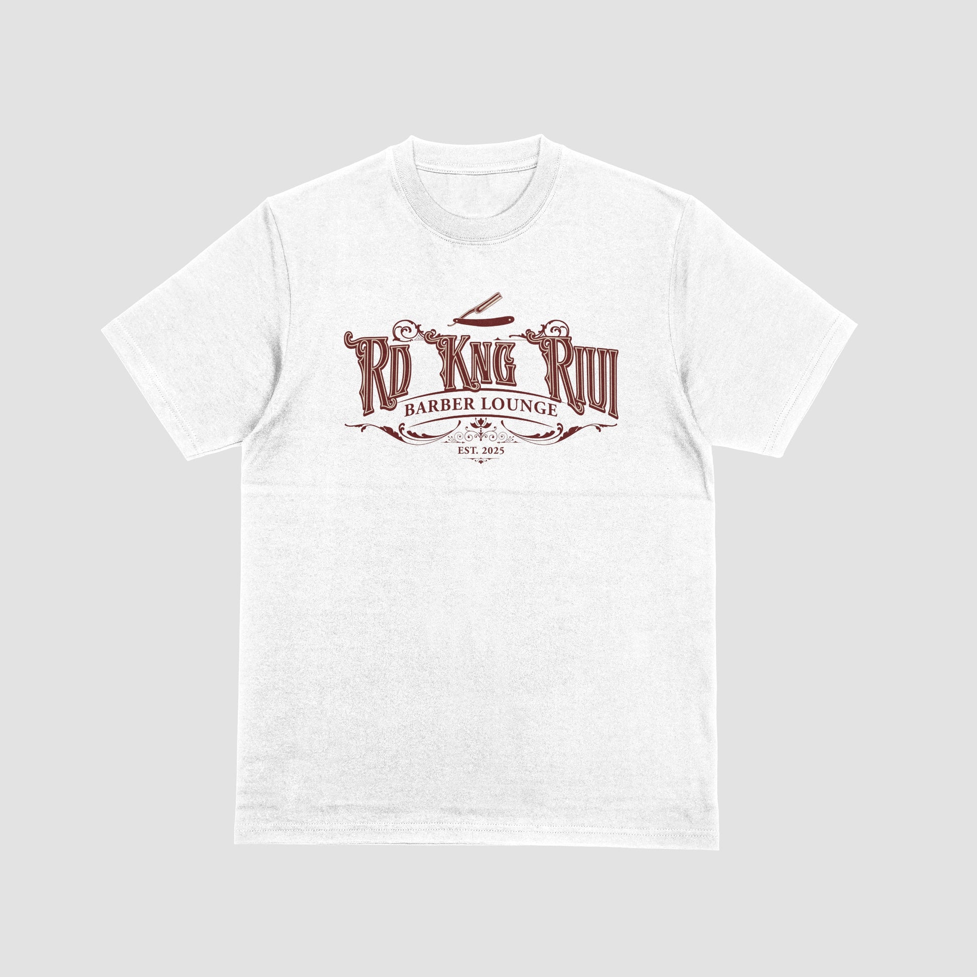 “Rd Kng Rivi white t-shirt front – unisex streetwear design with bold blue text.”