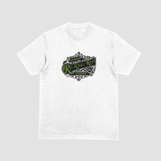 “Rd Kng Rivi white t-shirt front – unisex streetwear shirt with blue text barber lounge design.”