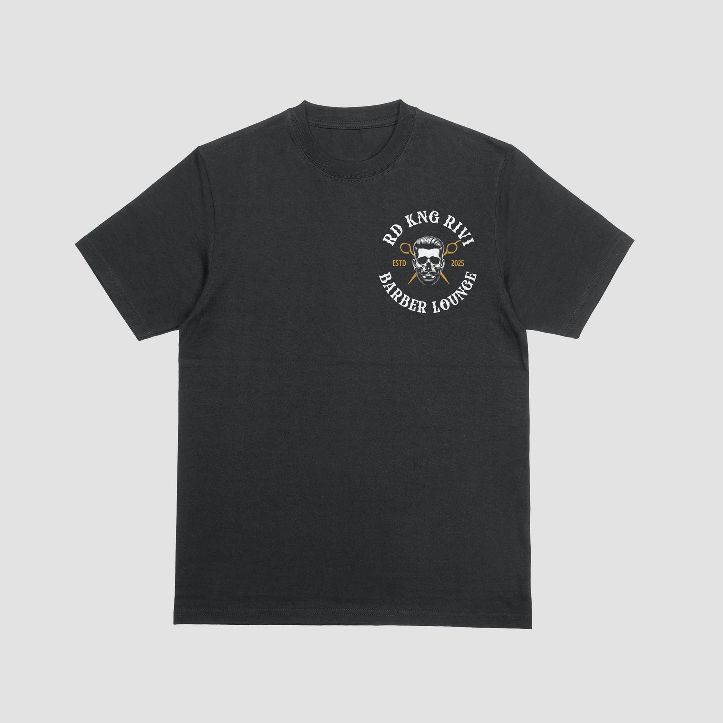 “Rd Kng Rivi black t-shirt front – unisex barber lounge streetwear design.”