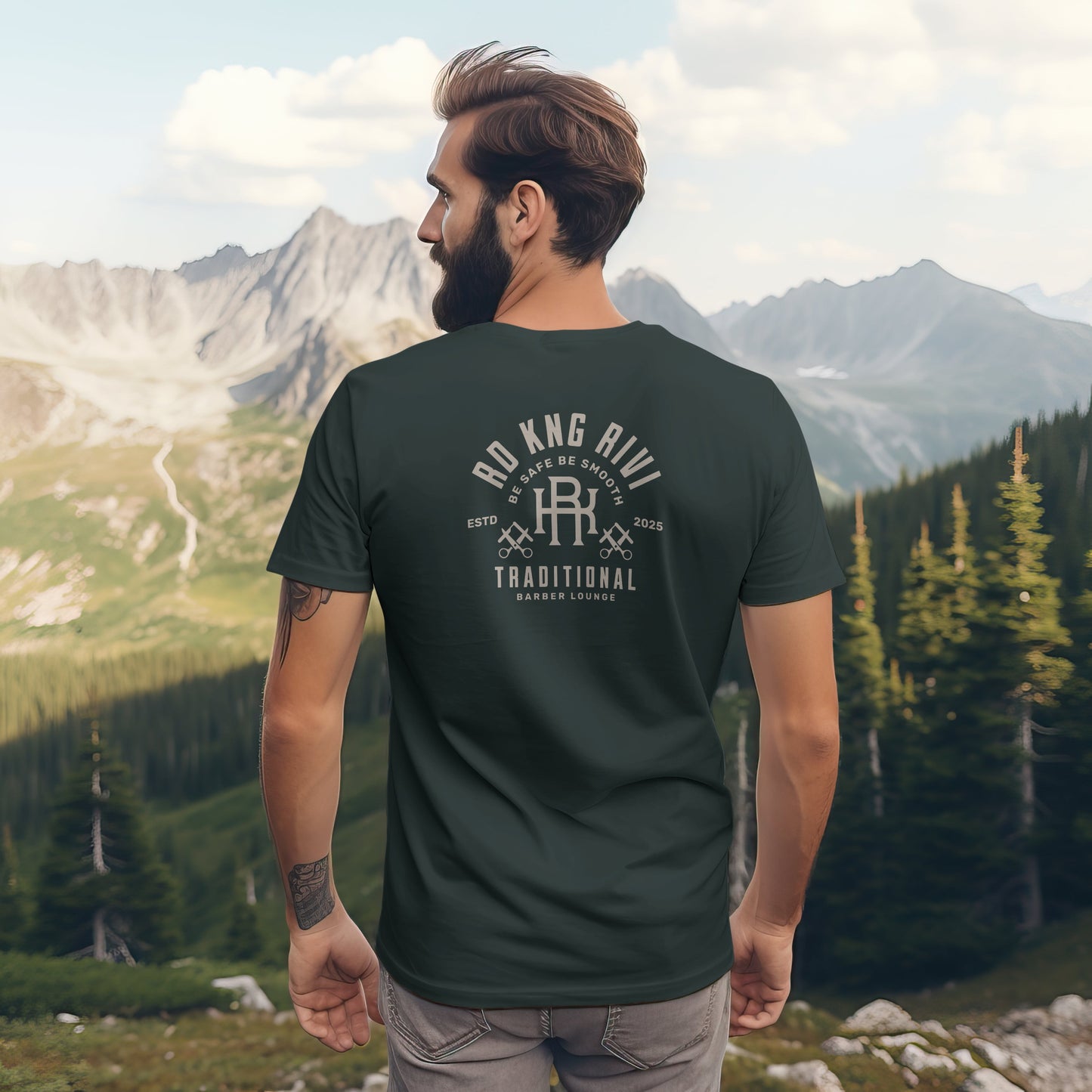 “Rd Kng Rivi black t-shirt back – bold lettering graphic inspired by barber culture.”
