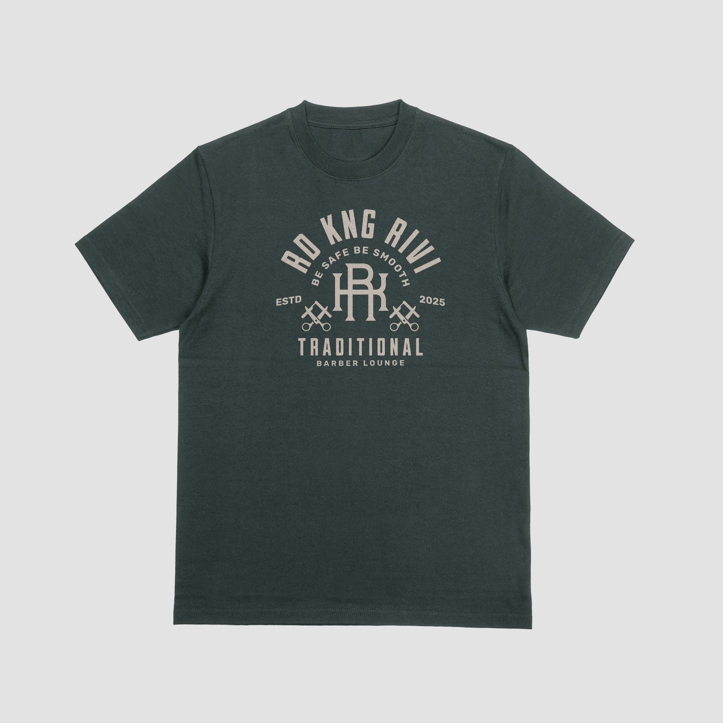 “Rd Kng Rivi black t-shirt back – bold lettering graphic inspired by barber culture.”