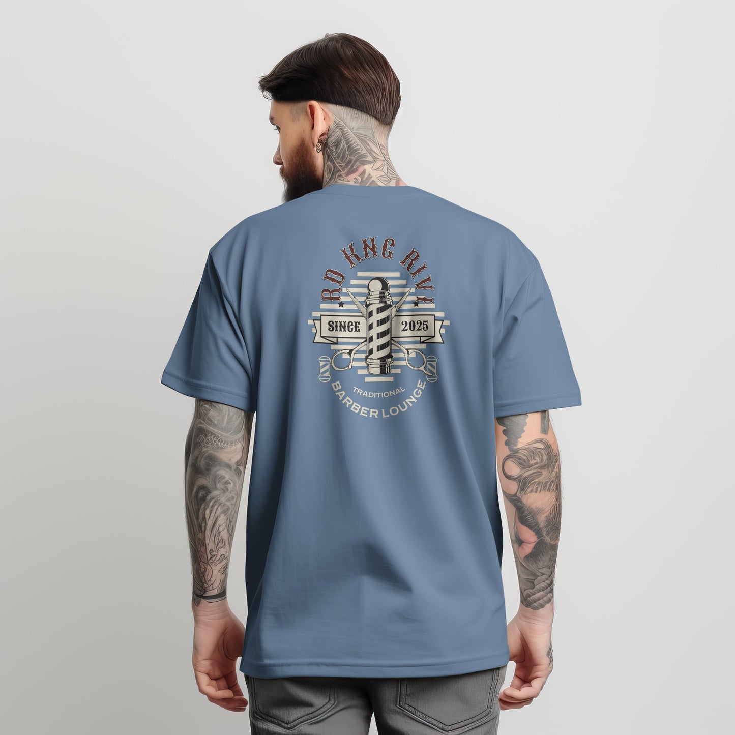 “Rd Kng Rivi blue t-shirt back view – bold graphic lettering in streetwear style.”