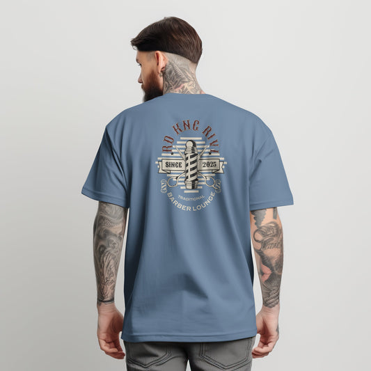 “Rd Kng Rivi blue t-shirt back view – bold graphic lettering in streetwear style.”
