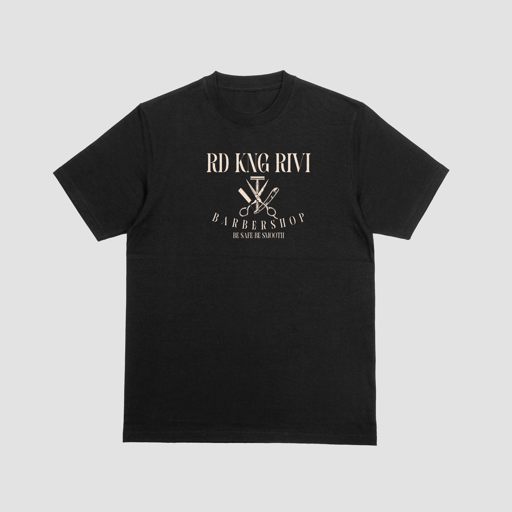 “Rd Kng Rivi black t-shirt back – bold barber lounge graphic lettering in streetwear style.”