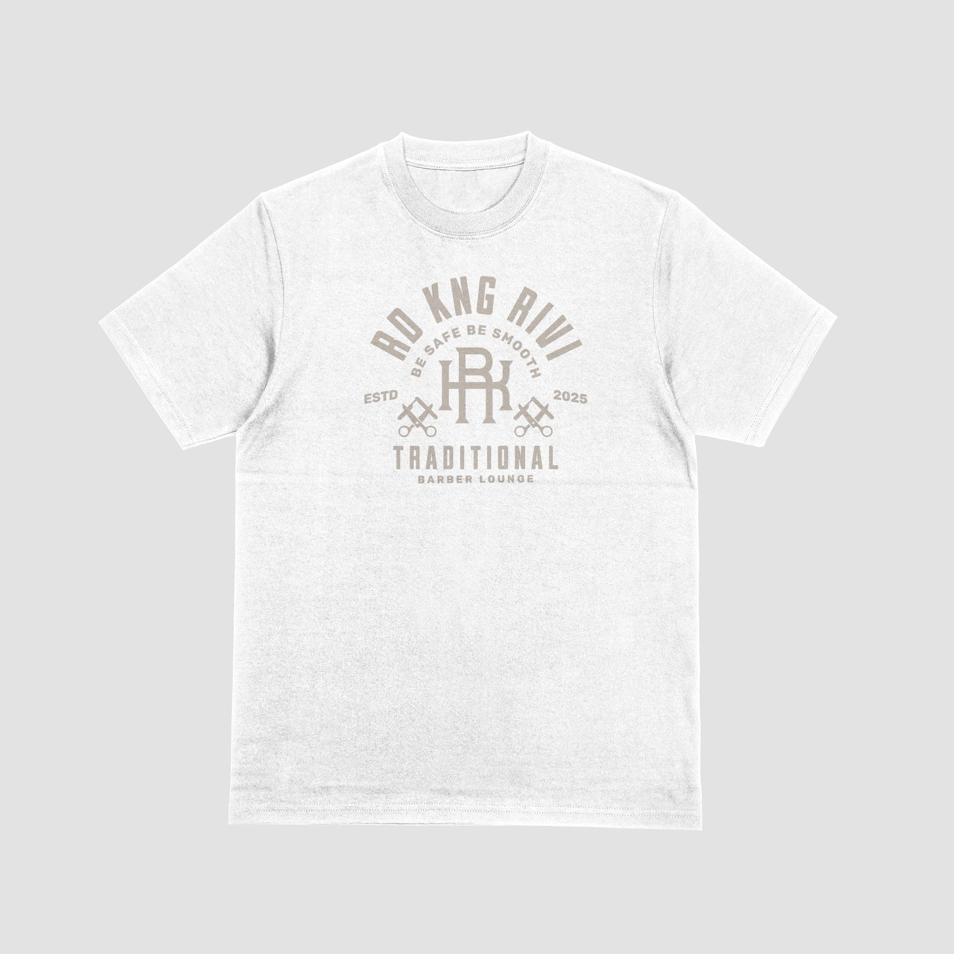 “Rd Kng Rivi white t-shirt back – classic barber lounge graphic in streetwear style.”