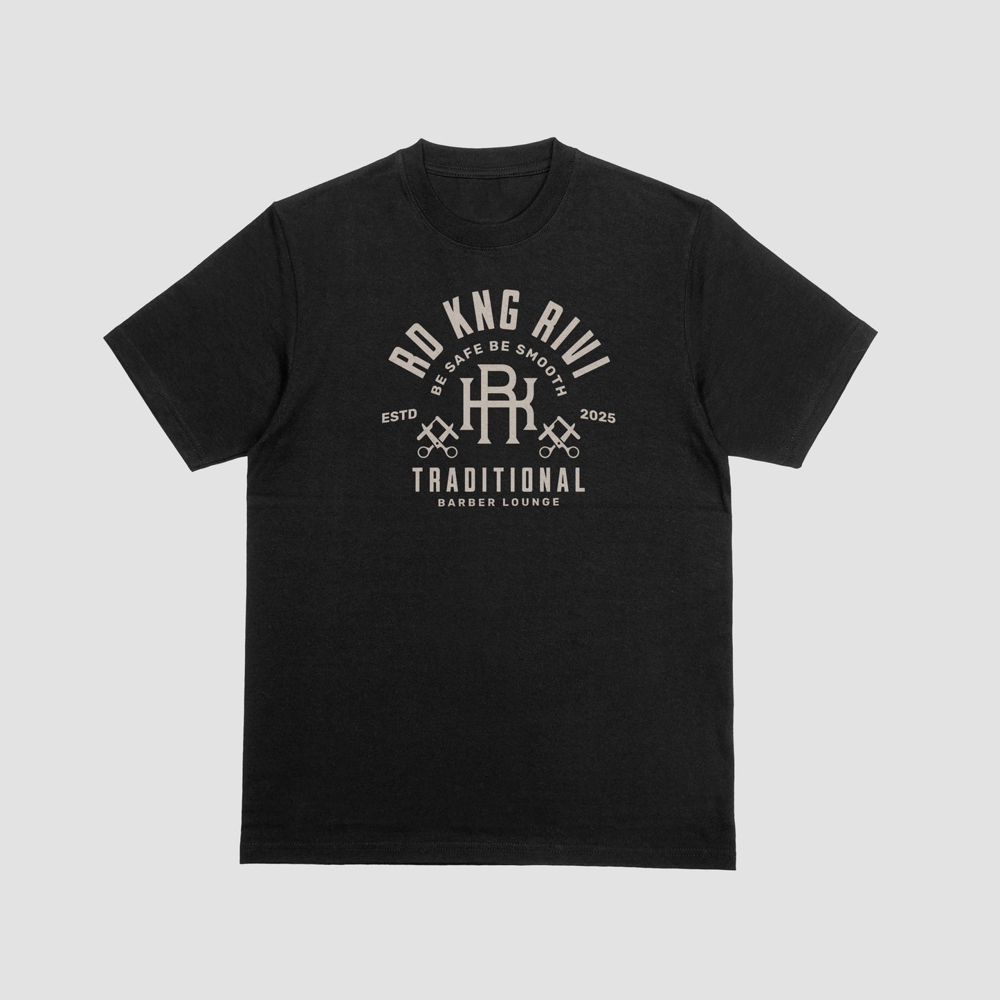 “Rd Kng Rivi black t-shirt back – bold lettering graphic inspired by barber culture.”