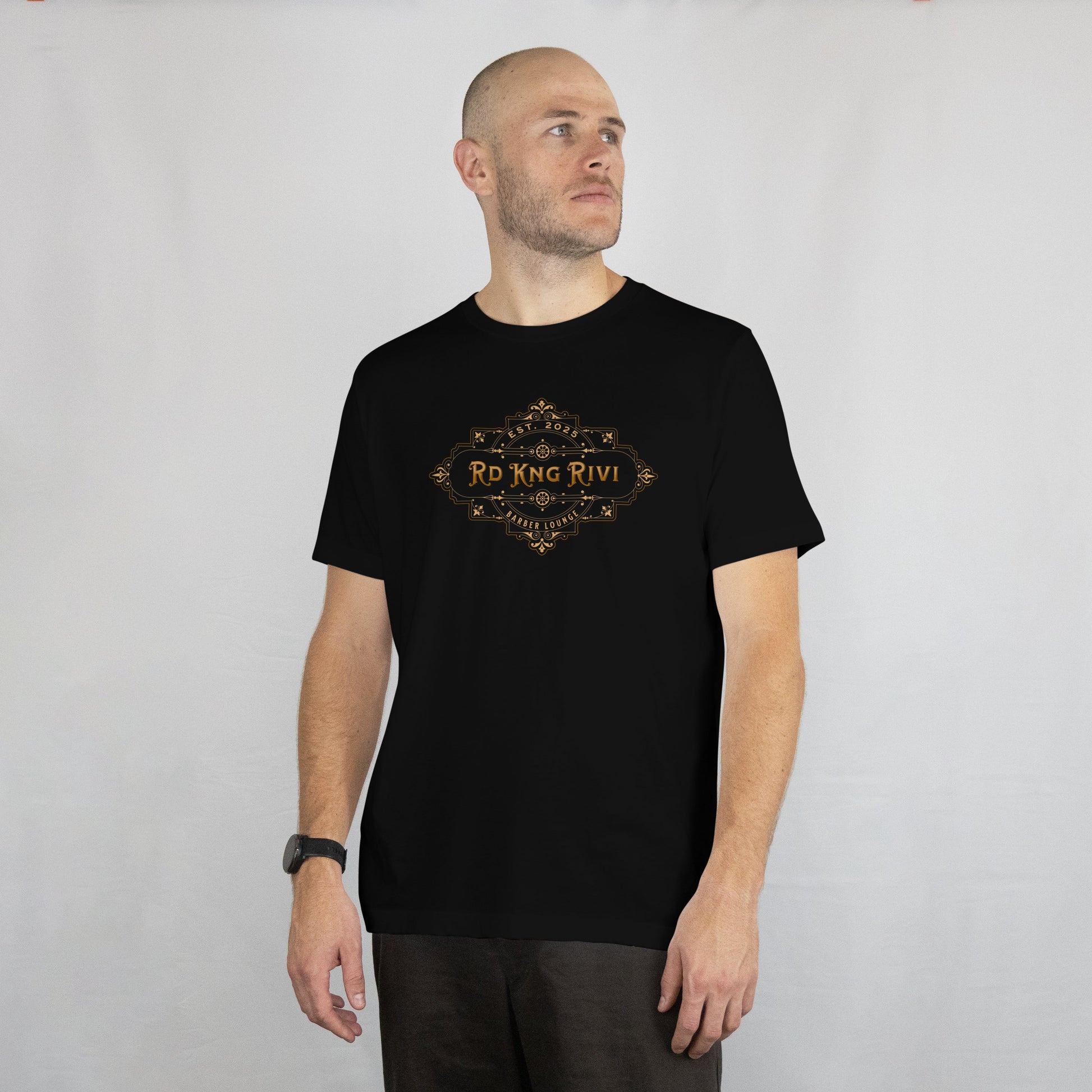 “Rd Kng Rivi black t-shirt front – unisex barber lounge streetwear design.”