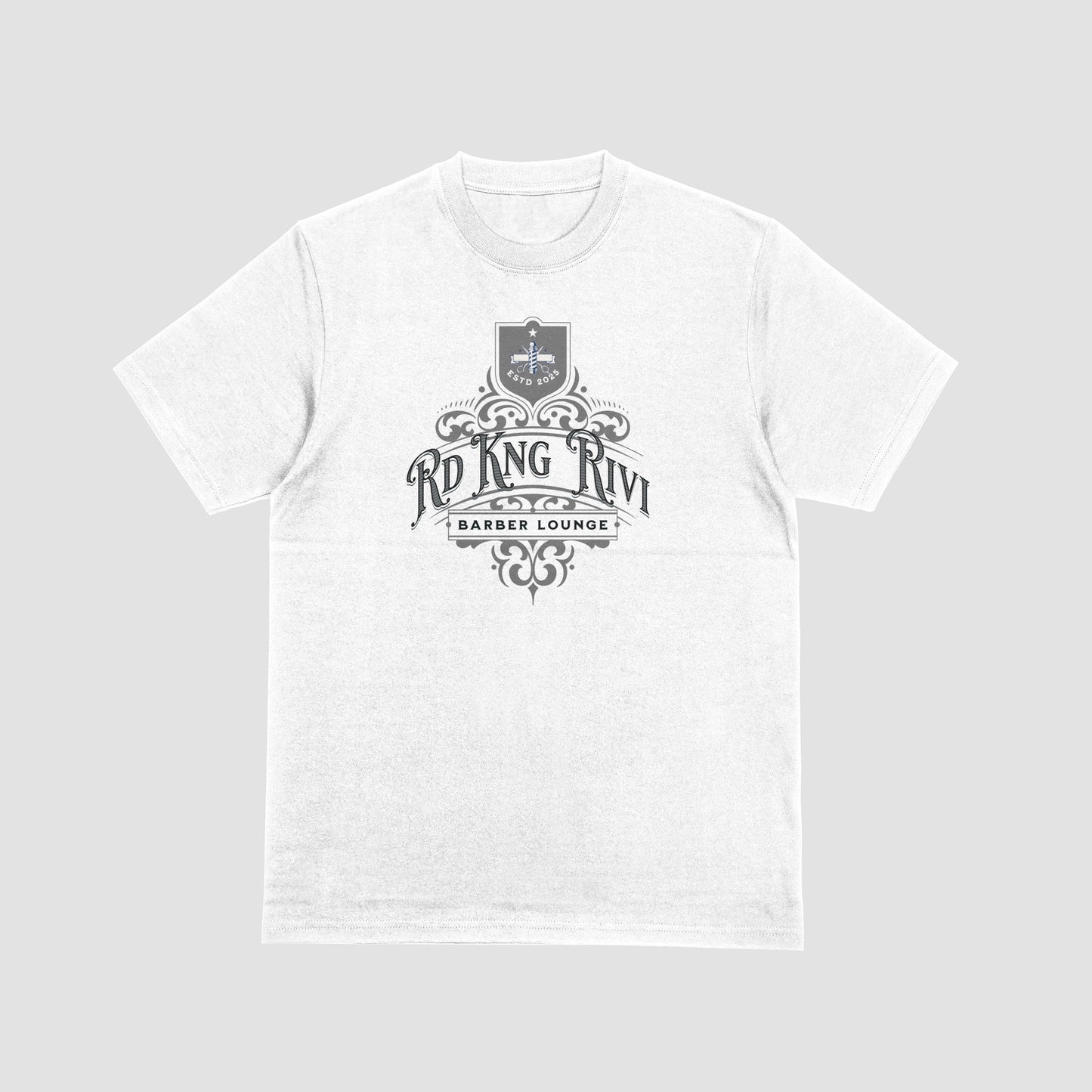 “Rd Kng Rivi white t-shirt front – unisex barber lounge streetwear with bold blue text.”