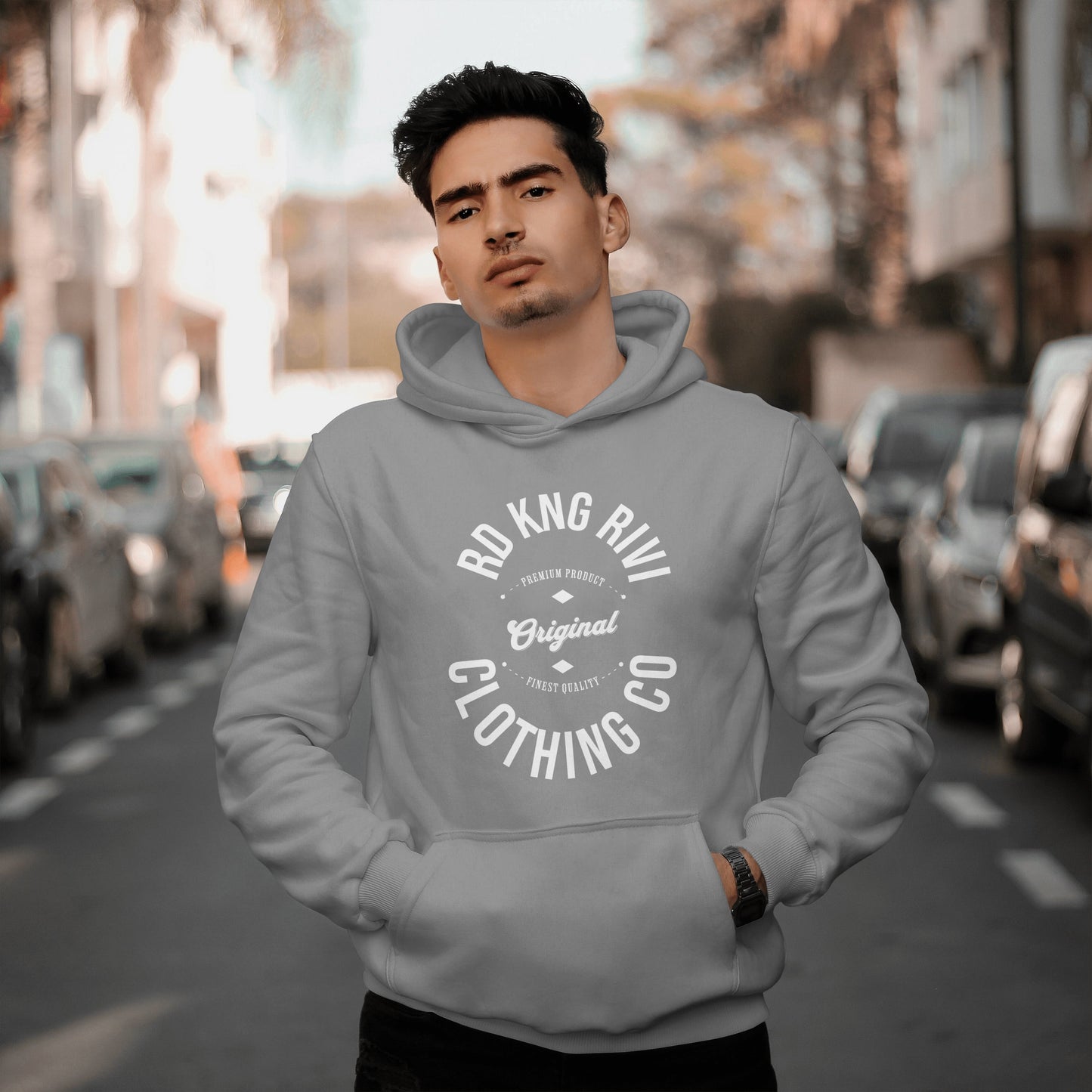 Rd Kng Rivi grey hoodie front – unisex barber lounge streetwear sweatshirt.